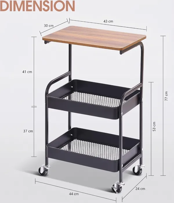 HOMSIC_2-Tier_Metal_Utility_Storage_Cart_with_Wooden_Top_|_Rolling_Kitchen_Trolley_with_Lockable_Wheels_|_Multipurpose_Organizer_for_Kitchen,_Office_&_Living_Room_|_Black