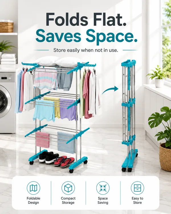 HOMSIC_3_Tier_Foldable_Clothes_Drying_Stand_with_Wheels_|_Stainless_Steel_Laundry_Drying_Rack_|_58_ft_Drying_Space_|_14_Hanger_Holes_|_Heavy_Duty_50_kg_Capacity_|_Indoor_&_Outdoor_Use_|_Blue