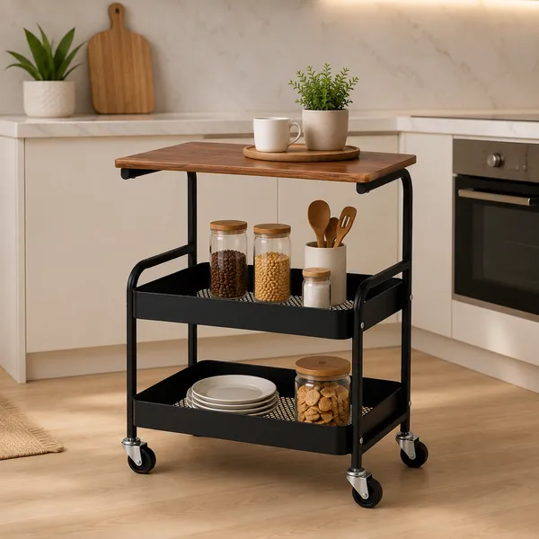 HOMSIC_2-Tier_Metal_Utility_Storage_Cart_with_Wooden_Top_|_Rolling_Kitchen_Trolley_with_Lockable_Wheels_|_Multipurpose_Organizer_for_Kitchen,_Office_&_Living_Room_|_Black