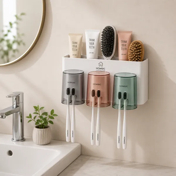 Plastic_Modern_Wall_Mount_Toothbrush_Holder_With_3_Cups_And_Shelf