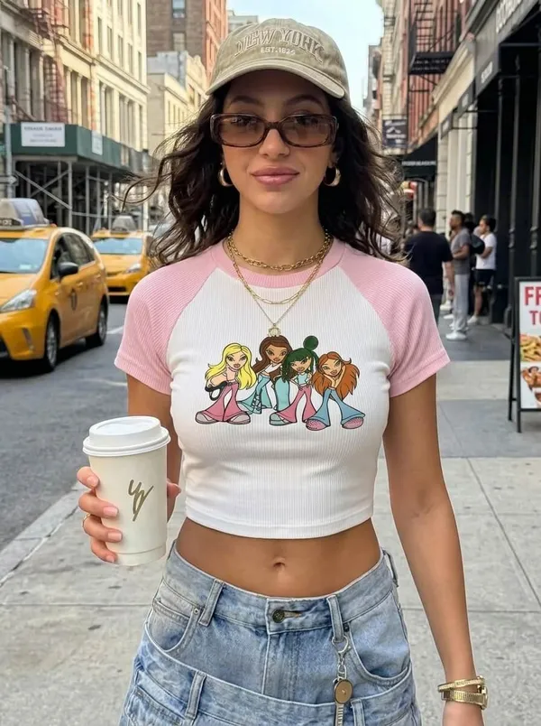 White_And_Pink_Cotton_Blend_Graphic_Crop_Top_For_Women