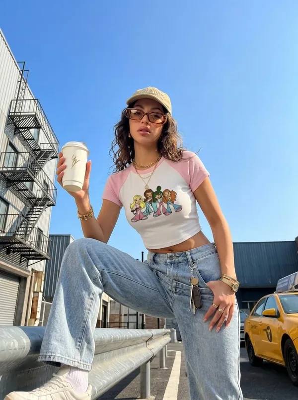 White_And_Pink_Cotton_Blend_Graphic_Crop_Top_For_Women