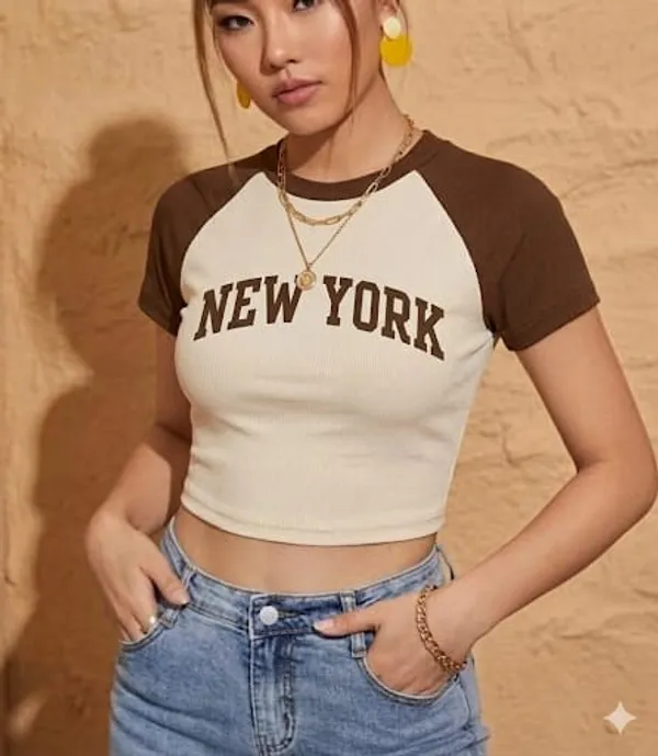 Brown_And_Off_White_Cotton_Blend_New_York_Print_Crop_Top_For_Women