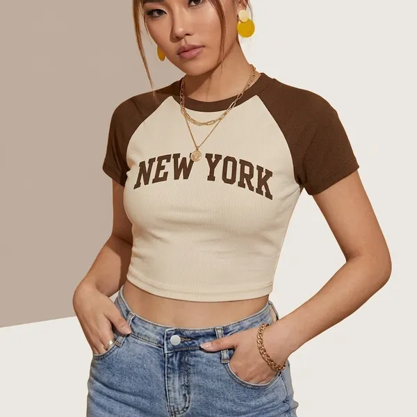 Brown_And_Off_White_Cotton_Blend_New_York_Print_Crop_Top_For_Women