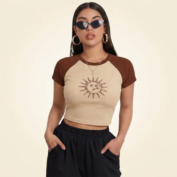 Brown_And_Beige_Cotton_Blend_Sun_Print_Crop_Top_For_Women