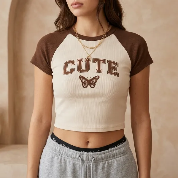 Brown_And_Off_White_Cotton_Blend_Graphic_Crop_Top_For_Women