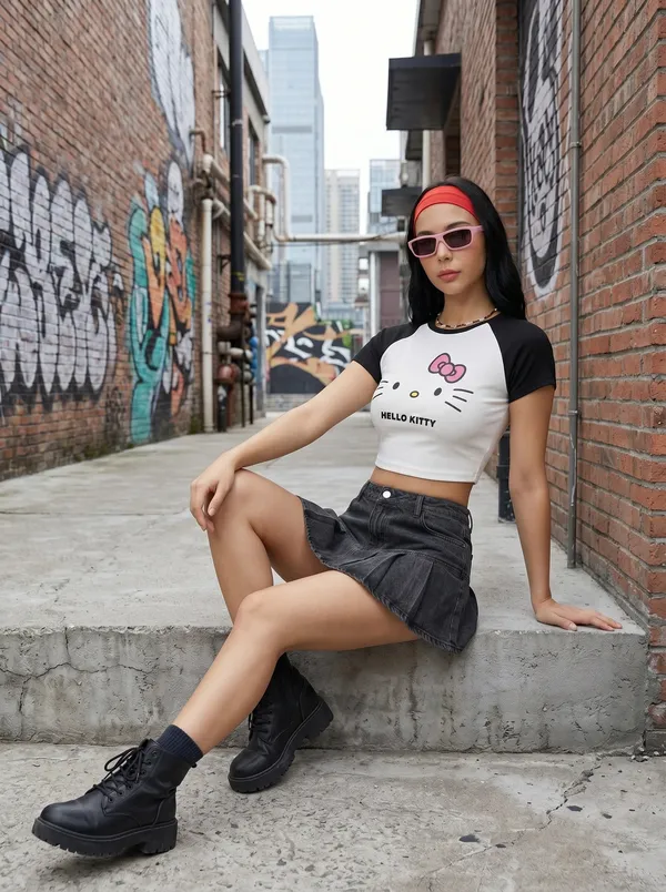 Black_And_White_Cotton_Blend_Hello_Kitty_Print_Crop_Top_For_Women