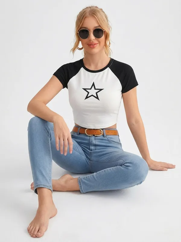 Black_And_White_Cotton_Blend_Star_Print_Crop_Top_For_Women