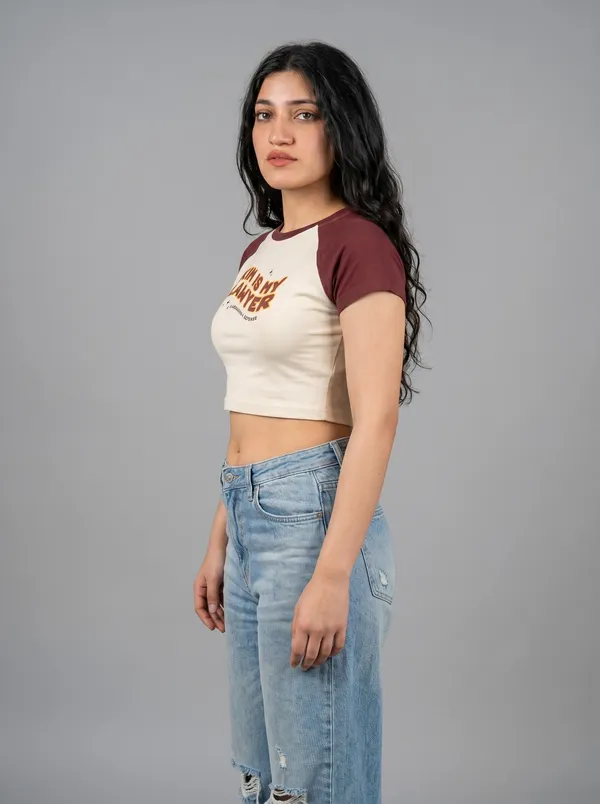 Brown_And_Off_White_Cotton_Blend_Graphic_Crop_Top_For_Women