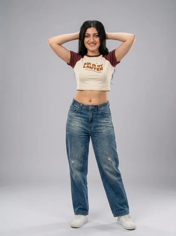 Brown_And_Off_White_Cotton_Blend_Graphic_Crop_Top_For_Women