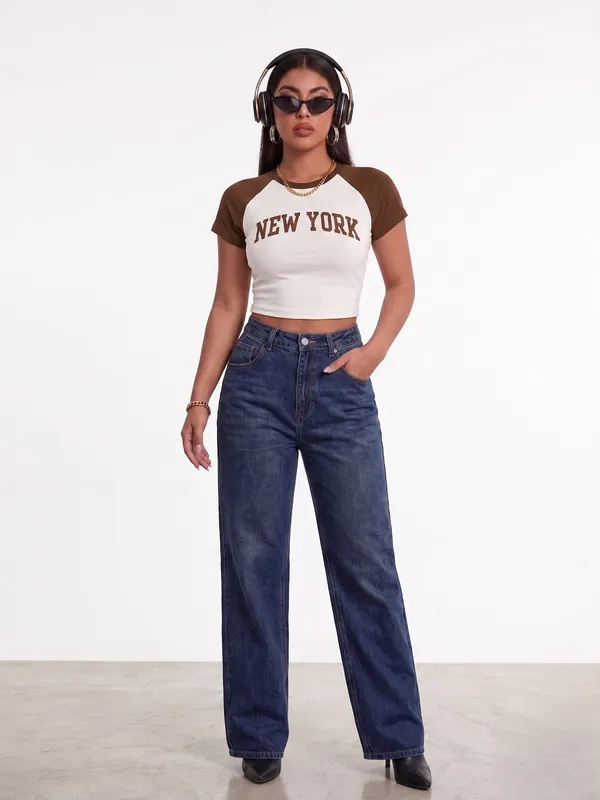 Brown_And_Off_White_Cotton_Blend_New_York_Print_Crop_Top_For_Women