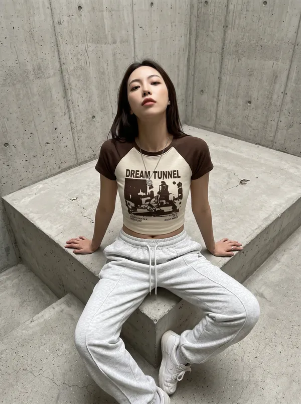 Brown_And_Off_White_Cotton_Blend_Graphic_Crop_Top_For_Women