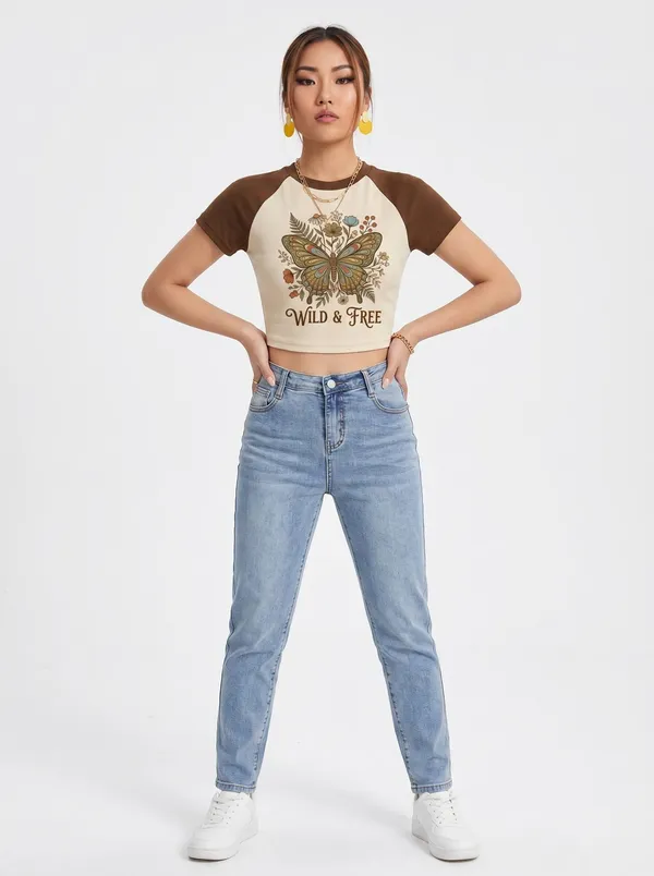 Brown_And_Off_White_Cotton_Blend_Graphic_Crop_Top_For_Women