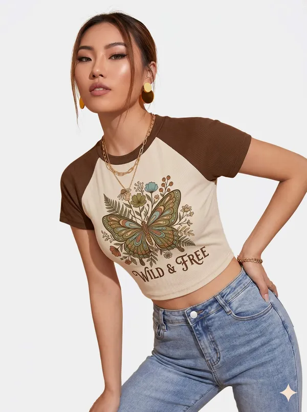 Brown_And_Off_White_Cotton_Blend_Graphic_Crop_Top_For_Women