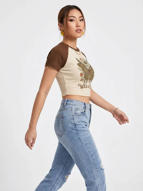 Brown_And_Off_White_Cotton_Blend_Graphic_Crop_Top_For_Women