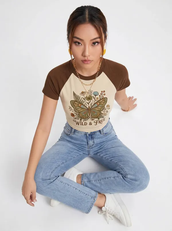 Brown_And_Off_White_Cotton_Blend_Graphic_Crop_Top_For_Women