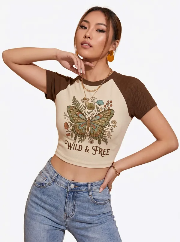 Brown_And_Off_White_Cotton_Blend_Graphic_Crop_Top_For_Women