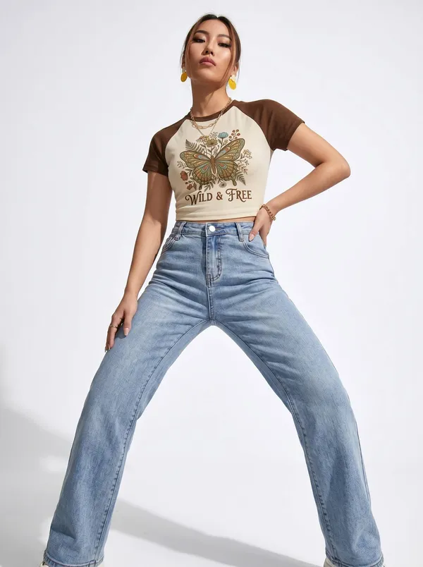 Brown_And_Off_White_Cotton_Blend_Graphic_Crop_Top_For_Women