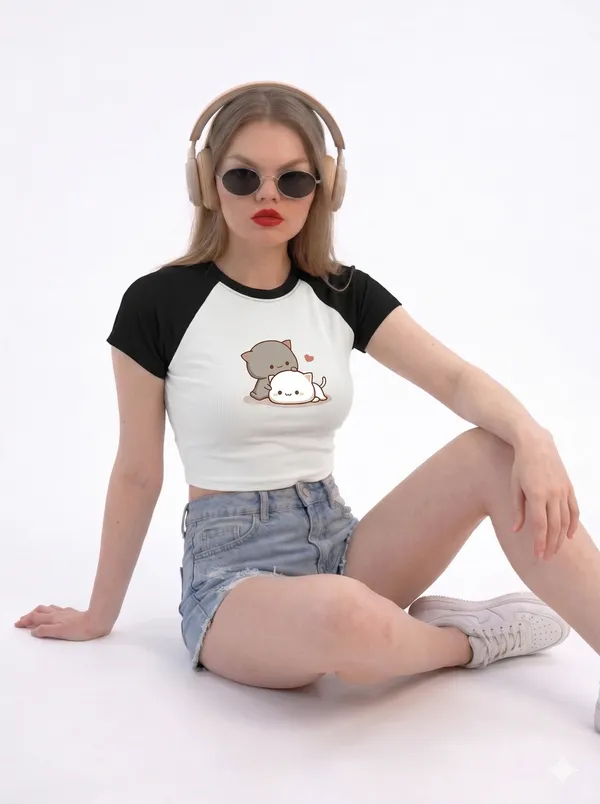 Black_And_White_Cotton_Blend_Cat_Print_Crop_Top_For_Women