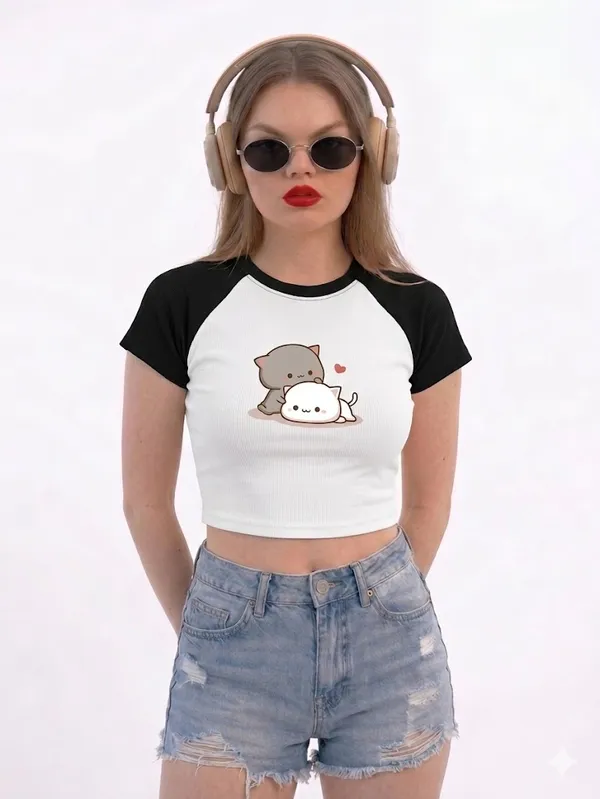 Black_And_White_Cotton_Blend_Cat_Print_Crop_Top_For_Women