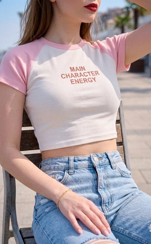 White_And_Pink_Cotton_Blend_Graphic_Crop_Top_For_Women