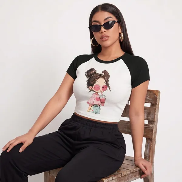 Black_And_White_Cotton_Blend_Graphic_Crop_Top_For_Women
