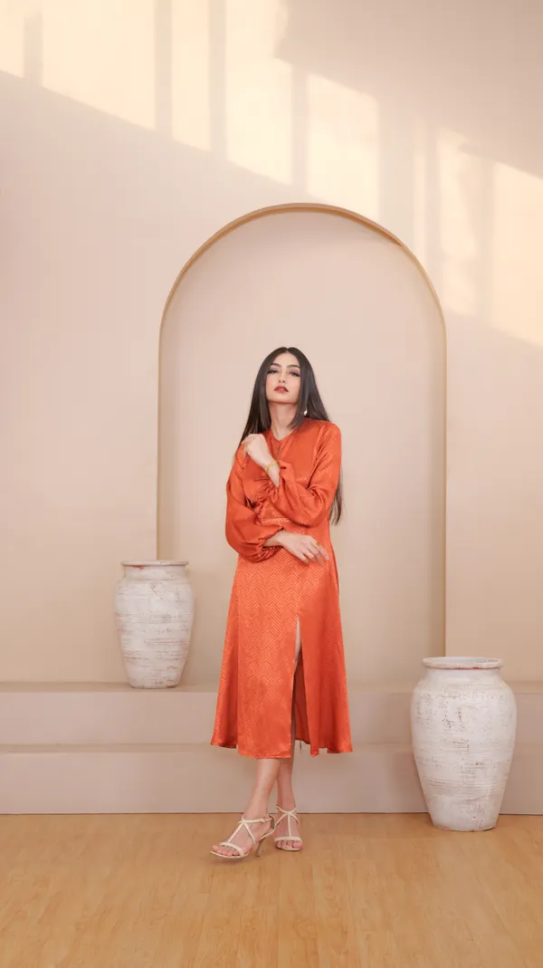 BELLA_SIDE_SLIT_DRESS-Orange_Satin_Midi_Dress_For_Women