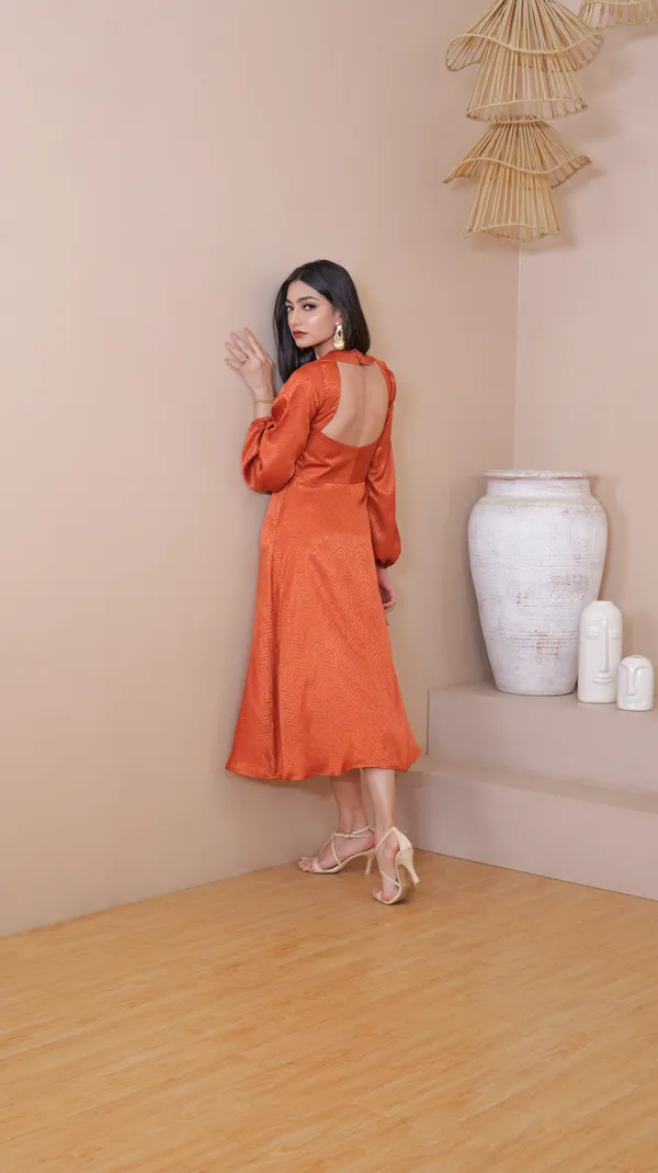 BELLA_SIDE_SLIT_DRESS-Orange_Satin_Midi_Dress_For_Women