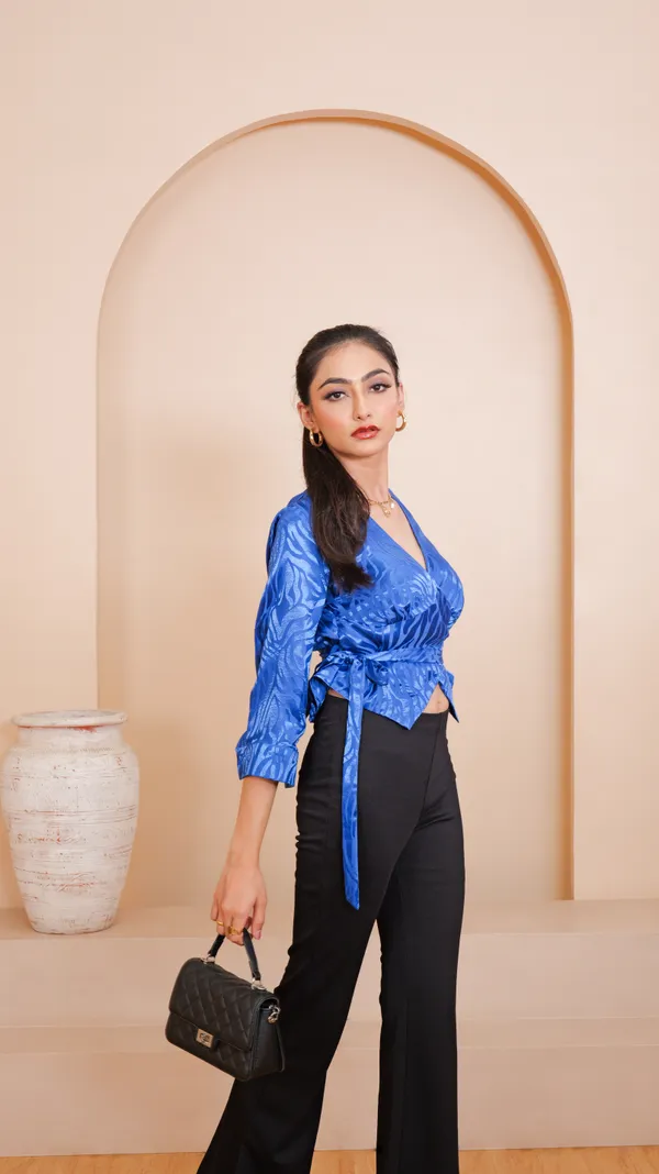 JUNIPER_WRAP_ON_TOP-Blue_Self_Jacquard_Satin_Top_For_Women
