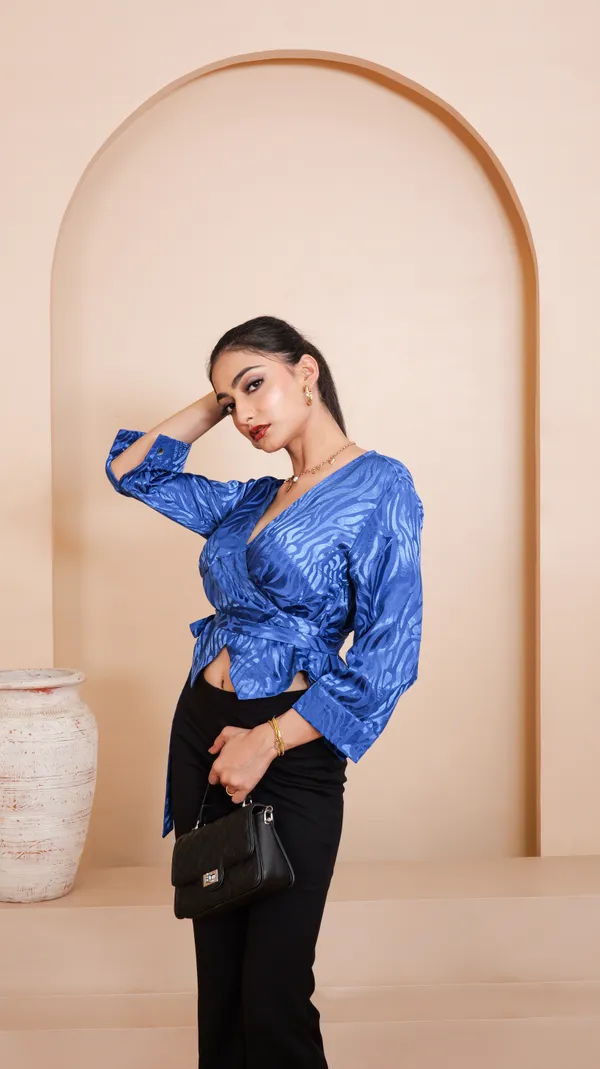 JUNIPER_WRAP_ON_TOP-Blue_Self_Jacquard_Satin_Top_For_Women