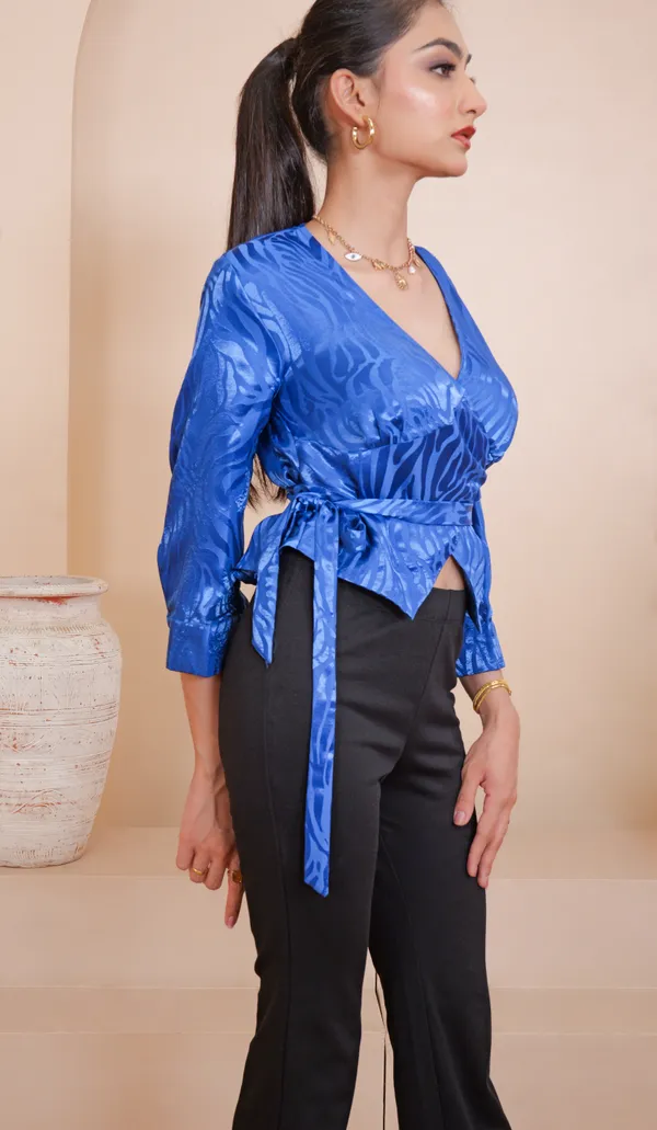 JUNIPER_WRAP_ON_TOP-Blue_Self_Jacquard_Satin_Top_For_Women