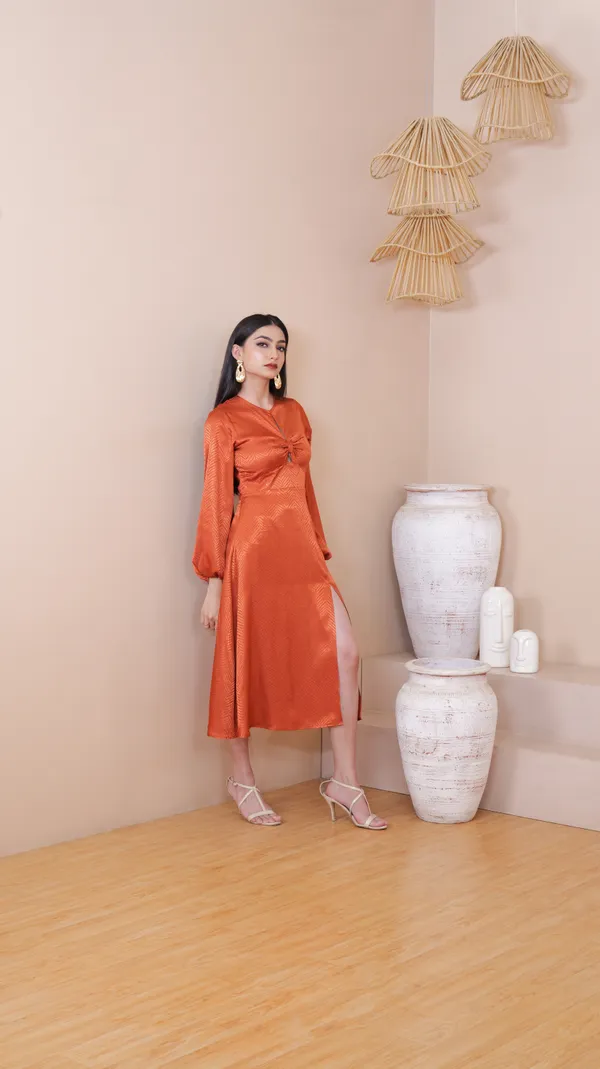 BELLA_SIDE_SLIT_DRESS-Orange_Satin_Midi_Dress_For_Women