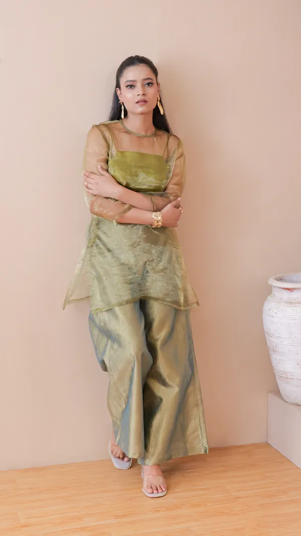 ZYRA_TRANSPARENT_KURTA_SET-Olive_Green_Organza_Kurta_Set_For_Women