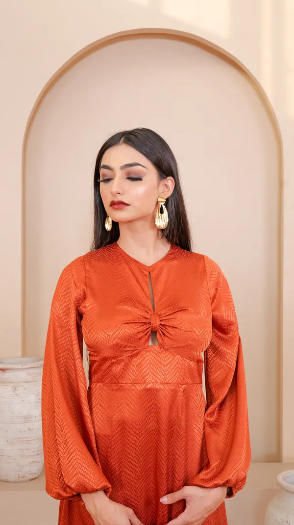 BELLA_SIDE_SLIT_DRESS-Orange_Satin_Midi_Dress_For_Women