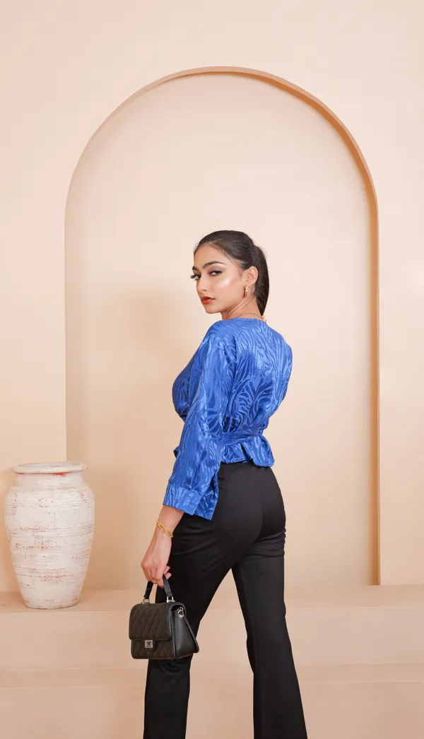 JUNIPER_WRAP_ON_TOP-Blue_Self_Jacquard_Satin_Top_For_Women
