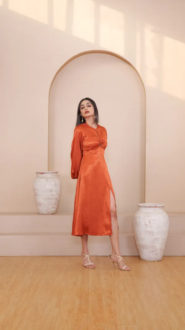 BELLA_SIDE_SLIT_DRESS-Orange_Satin_Midi_Dress_For_Women