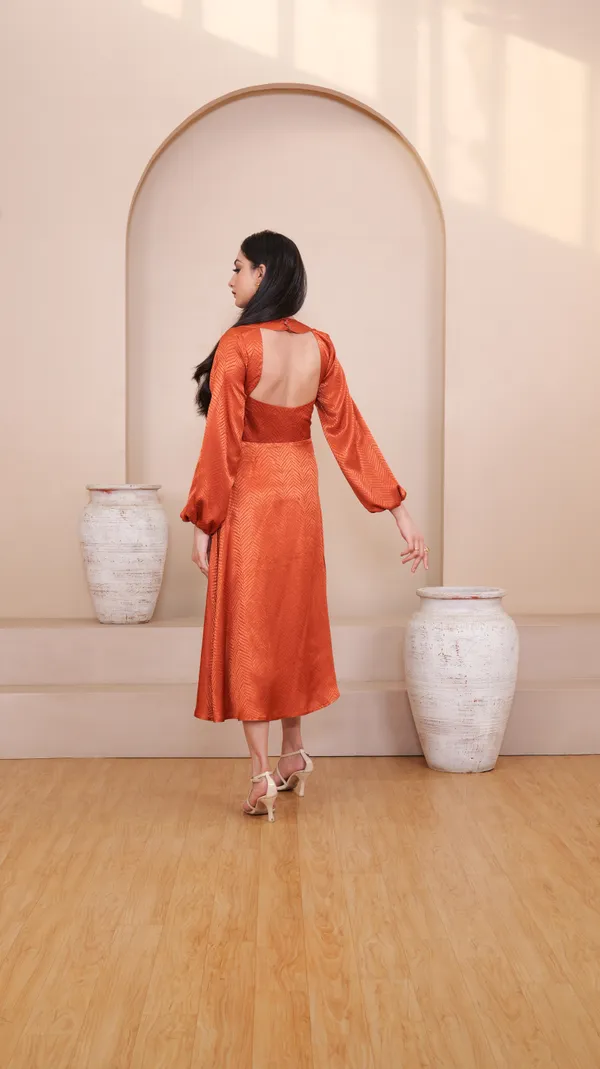BELLA_SIDE_SLIT_DRESS-Orange_Satin_Midi_Dress_For_Women