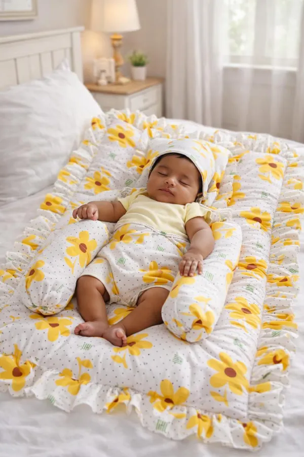 Yellow_White_Cotton_Sunflower_Print_Baby_Bedding_Combo_Set_For_New_Born