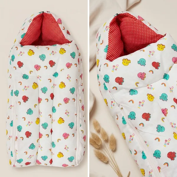 White_Cotton_Printed_Hooded_And_Orange_Cotton_Printed_Baby_Sleeping_Bag_For_New_Born_Combo_Pack_Of_2