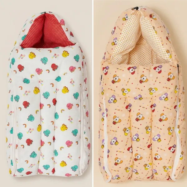 White_Cotton_Printed_Hooded_And_Orange_Cotton_Printed_Baby_Sleeping_Bag_For_New_Born_Combo_Pack_Of_2