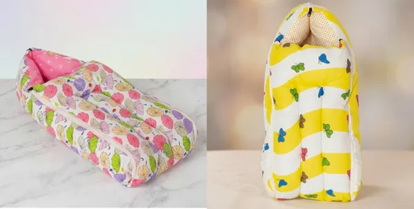 Multicolour_Cotton_Leaf_Print_And_Yellow_Cotton_Butterfly_Print_Baby_Sleeping_Bag_For_New_Born_Combo_Pack_Of_2