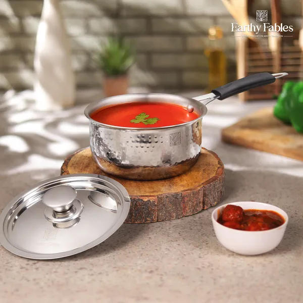Stainless_Steel_Deep_Hammered_Sauce_Pan_With_Steel_lid,_Black_Bakelite_Handle