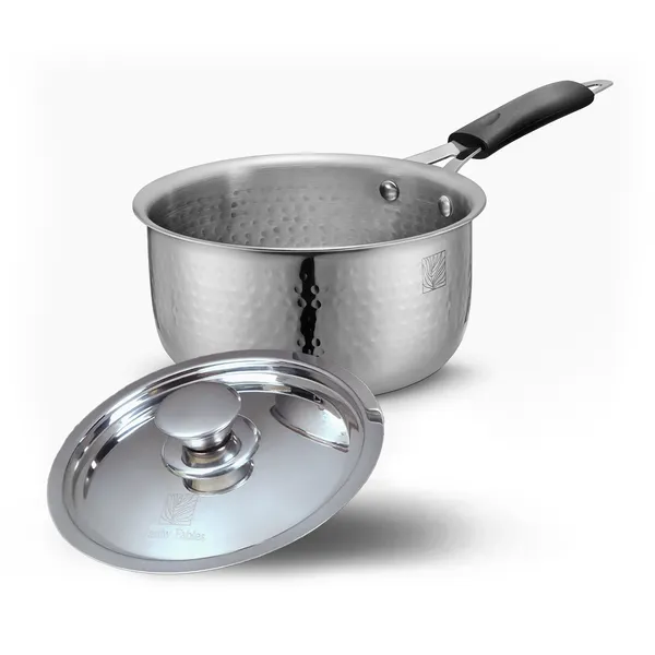 Stainless_Steel_Deep_Hammered_Sauce_Pan_With_Steel_lid,_Black_Bakelite_Handle