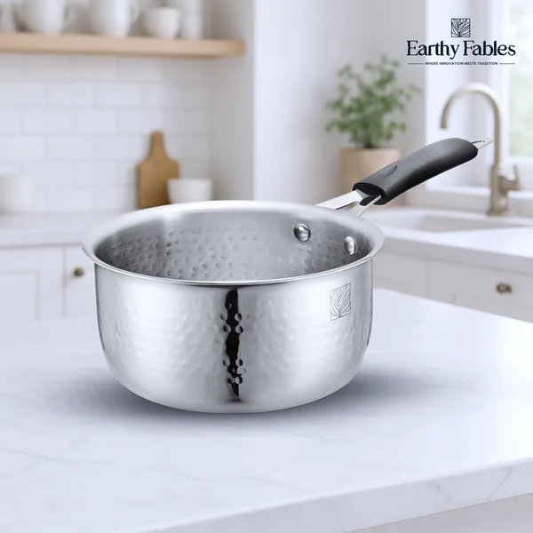 Stainless_Steel_Deep_Hammered_Sauce_Pan_With_Steel_lid,_Black_Bakelite_Handle
