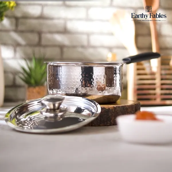 Stainless_Steel_Deep_Hammered_Sauce_Pan_With_Steel_lid,_Black_Bakelite_Handle