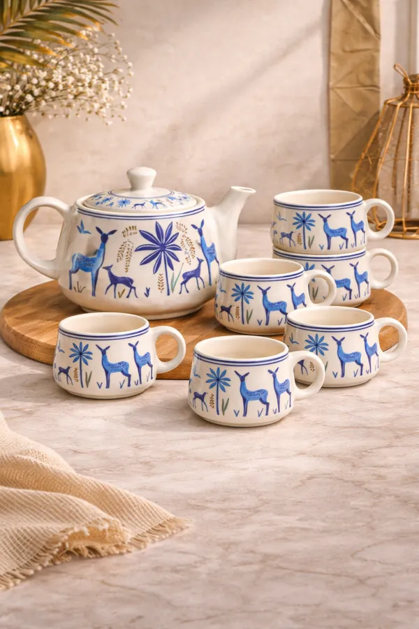 Handcrafted_Blue_Deer_Ceramic_Tea_Set_1000_Ml_Teapot_With_6_Cups_7_Pc_Set