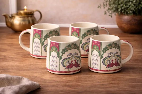 Set_Of__4_Ceramic_Tea_Coffee_Mugs_Peacock_Design_330_Ml_Each_Elegant_And_Durable_Microwave_And_Dishwasher_Safe