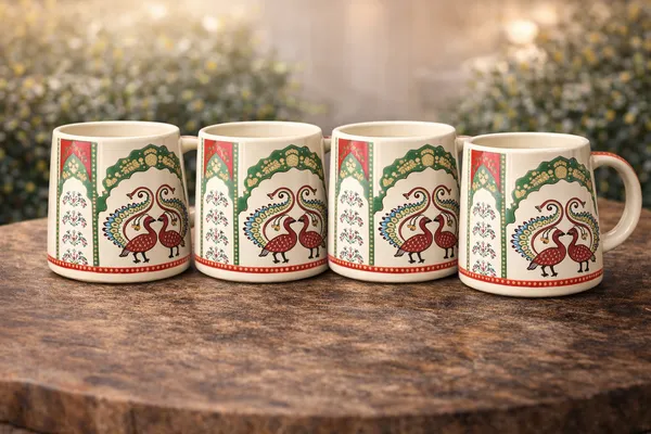 Set_Of__4_Ceramic_Tea_Coffee_Mugs_Peacock_Design_330_Ml_Each_Elegant_And_Durable_Microwave_And_Dishwasher_Safe