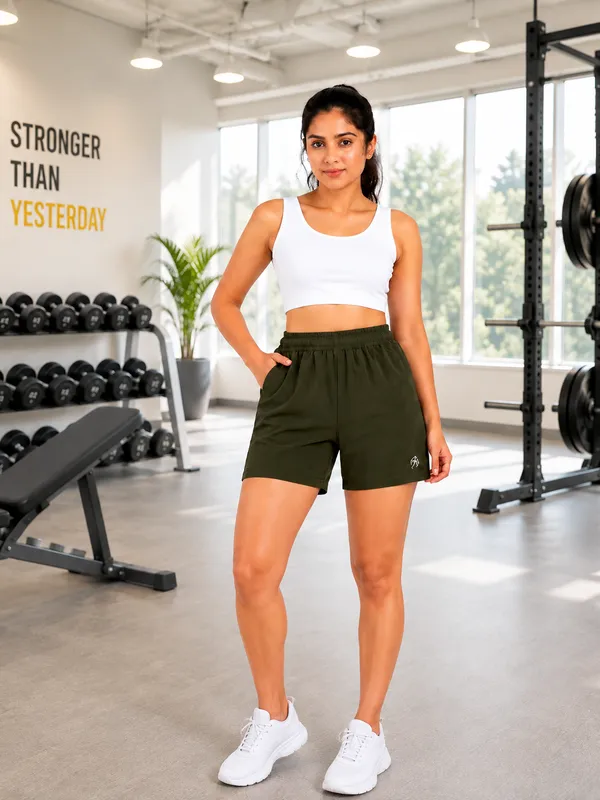 Women's_Premium_Polyester_Olive_Green_Training_Shorts_|_Quick-Dry_Gym_Athletic_Shorts_with_Side_Pockets_&_Elastic_Waistband_for_Running,_Yoga_&_Workout