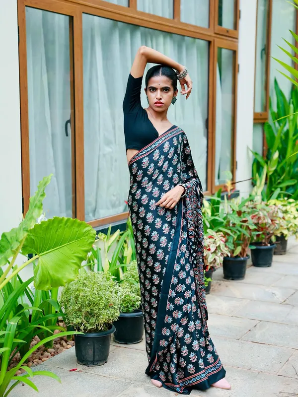 Midnight_Black_Pure_Modal_Silk_Saree_with_Ajrakh_Inspired_Floral_Print_&_Heritage_Designer_Pall
